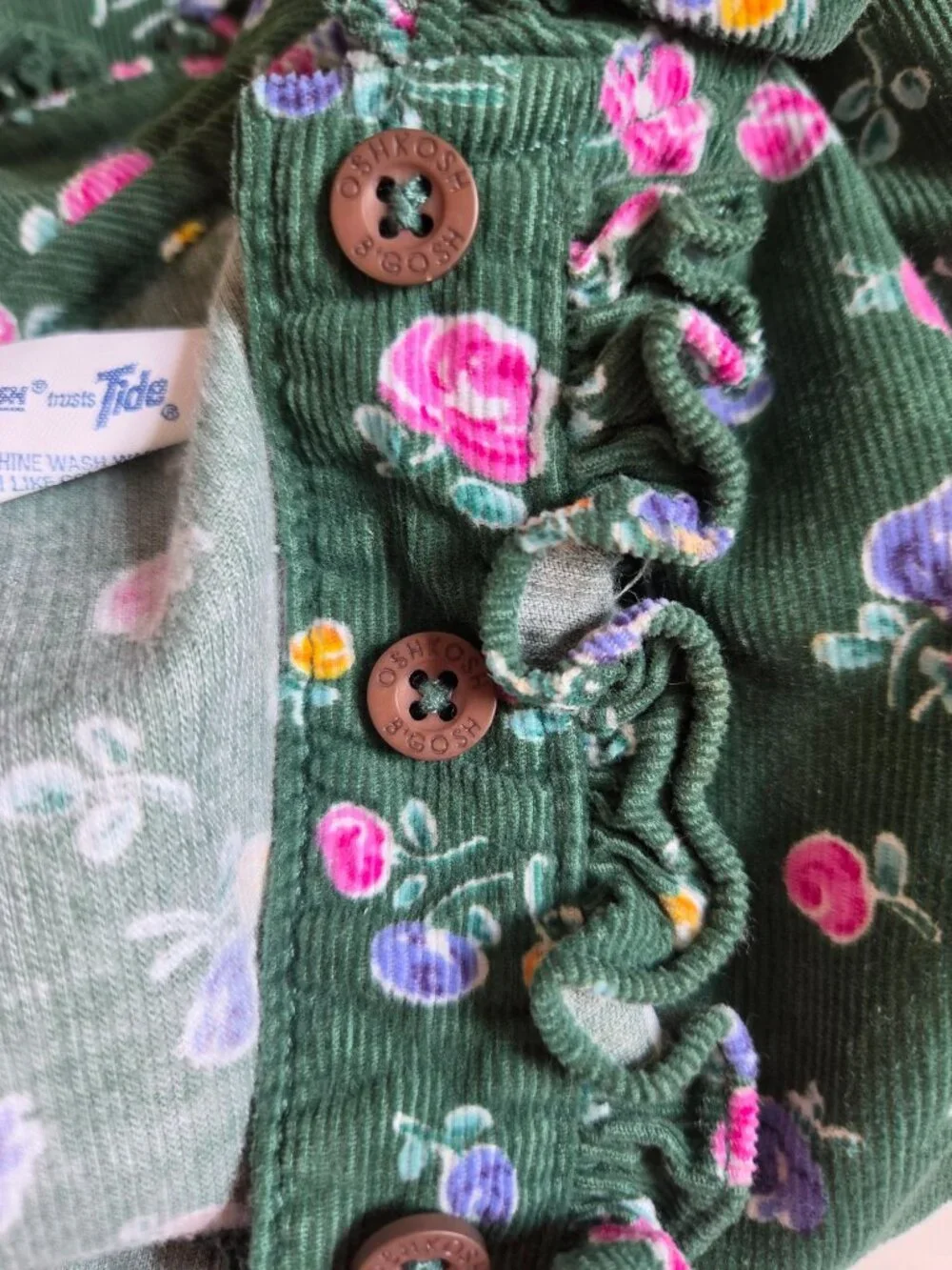 Vtg OshKosh Bgosh Green Floral Corduroy Dress 2T Long Sleeve Ruffled Buttons